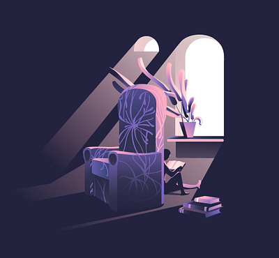 strange room chair characters flat gradient illustration interior light plants purple reading room design vector