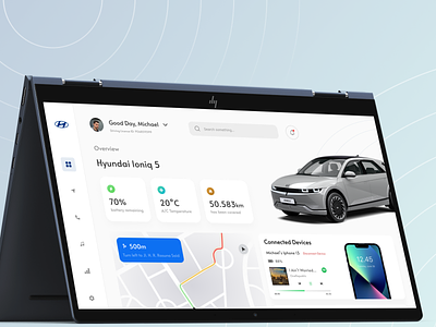 Electric vehicle monitoring dashboard Mockup view automotive clean electric car electric vehicle futuristic go green hyundai landing page laptop mockup maps minimal navigation smart device technology ui ui design uiux ux vehicle web design