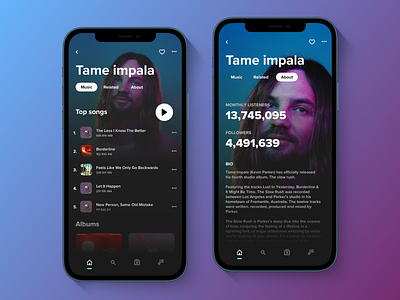 Spotify concept - artist page applemusic artist branding ios app iphone12 mobile music music app music app ui music player product design spotify tab tame impala tidal