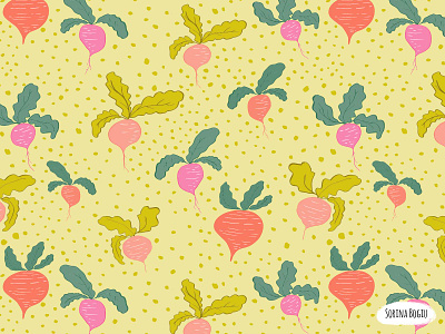 Radish Pattern cute design fabric designer foodillustration fun green illustration illustrator kidsdesign pattern patterndesign patterndesigner pink radish veggi yellow