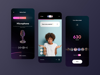 Live app concept 🔴 3d app app design app ui clean clean ui dark dark app dark theme instagram live live show live stream livestream microphone minimal social streaming streaming app ui