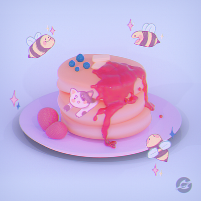 Cat & Pancakes 3d 3d art 3d artist 3d illustration 3dillustraton art b3d blender blender3d blender3dart blendercycles cycles render