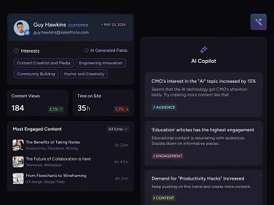 AudiencePlus - AI Copilot dark mode ai copilot ai suggestions ai tags audienceplus bb agency content creator profile dark mode engagement product design purple ui ui cards user user interface widget