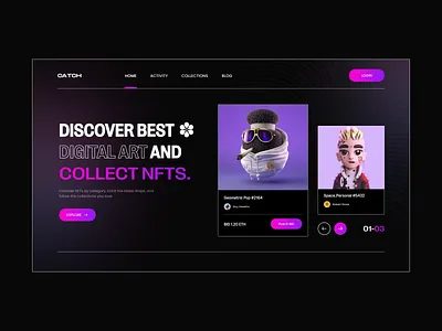 CATCH - NFT Landing page 3d animation app application branding clean color dark design graphic design illustration landingpage logo motion graphics nft popular ui ux vector