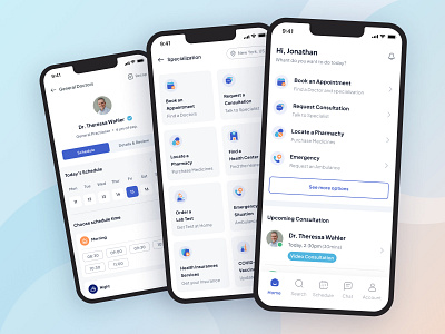 Health - Medical Consultation Apps appointment booking clean consultation design doctor emergency health history insurance medical payment pharmacy prescription product professional profile protection schedule ui