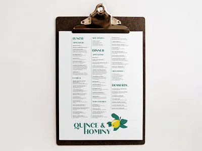 QUINCE & HOMINY graphic design illustration indesign layout menu menu design restaurant restaurant branding restaurant logo typography