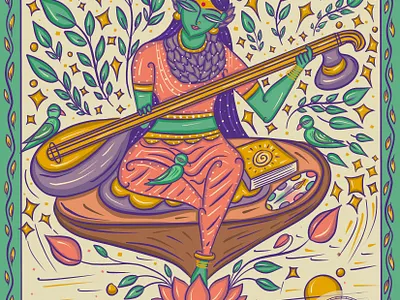 Raja Matangi (Saraswati) Goddess in Bengal Patua Indian Folk Art hindu illustration indian goddess indian illustrator matangi raja matangi raja matangi religion scd balaji