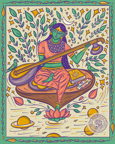 Raja Matangi (Saraswati) Goddess in Bengal Patua Indian Folk Art hindu illustration indian goddess indian illustrator matangi raja matangi raja matangi religion scd balaji