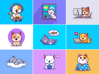 Cat hobbies🐈⚽🎧 cat cat activities cat hobbies cats computer cute cute animal dreaming fish gaming happy cat icon illustration laptop logo mascot meal music sleepy cat window