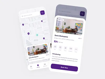 "My Cowork Space" app concept app design appui booking cardui coworking coworking space details events ios map meetings minimal nearby office space social app tab trendy ui ui design work