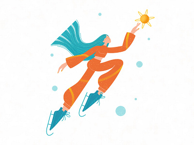 Winter jump character dynamic flying girl hair iceskating illustration jump legs movement orange people stroke sun teal texture trendy winter woman