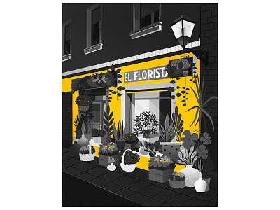 Madrid streets blackandwhite concept flat flowers illustration flowershop illustraion night plantshop store street texture yellow