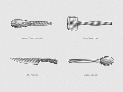 Pepperjack Extensions chef illustration kitchen knife meat oyser scratchboard spoon tools utensils vintage