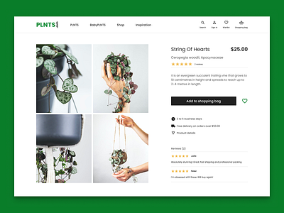 Single Product - DailyUI012 beginner challenge collectui dailyui dailyui012 design entrylevel green juniordesigner minimal plants plnts redesign reviews simple uiux ux webshop website