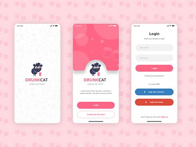 Drunk Cat app beer branding cat delivery design drink icon illustration juice login logo minimal onboarding shakes signup typography ui ux vector
