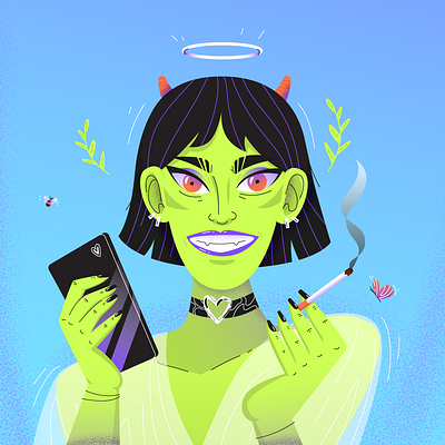 Hi! I'm back! 2d amazing angel bee character chill cigarette devil flat girl illustration ivashit love smoking vector