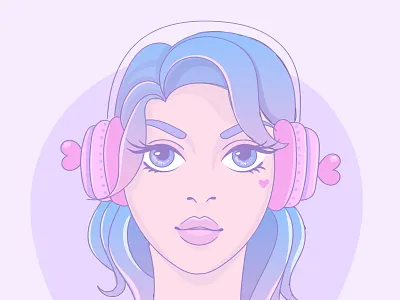 Girl with headphones art blue character girl illustration music pink vector