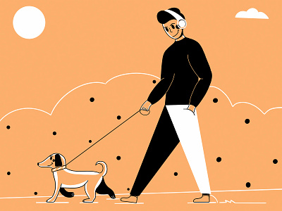 Man walking dog in park character character design clean colors design dog fresh headphones illustration loose minimal music orange park plants procreate relax style ui design walking