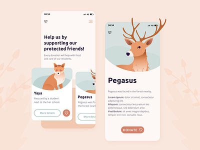 🐨Mobile app for an animal sanctuary animal animal illustration app application branding cards ui home screen icons illustration interface mobile app mobile app design mobile ui nature ui uidesign vector