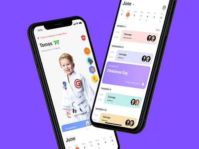 Gymnasium Mobile App achievement app calendar card child clean illustration ios app design jiu jitsu photo planner profile schedule sport ui ux