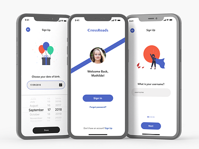 Daily UI #1 / Crossroads (Dating App - Sign Up Pages) daily ui dailyui date of birth dating app datingapp mobile app sign up sign up form username