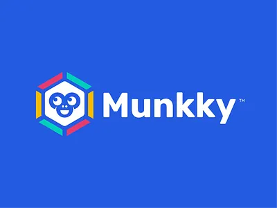 Munkky Concept animal ape blue brand identity colorful cute logo icon mascot monkey monkey logo negativespace rainbow