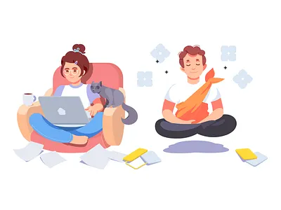 Work from home: before and after adobe illustrator art charactedesign character cute art design design art girl character homework illustration man management people illustration postcard teleworking vector women
