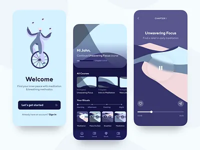 Meditation App - Learn to Focus abstract anxiety app design dark dashboard design illustration management meditation minimal mobile mobile app music music app pattern product sleep splash stress