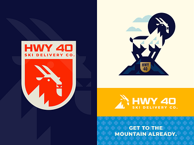 HWY 40 Ski Delivery Co. animal badge brand crest delivery goat illustration logo mountain negative space retro service sheep shield ski slope snowboard snowboards swiss utah