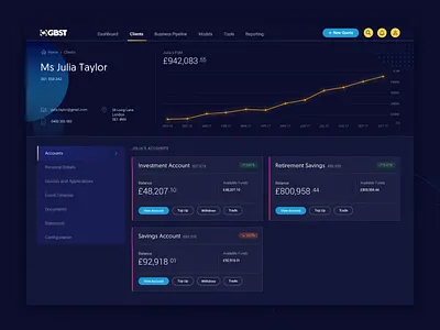 Client view for investment platform client client management dark ui dashboard desktop enterprise ux finance fintech product design profile profile page ui ux