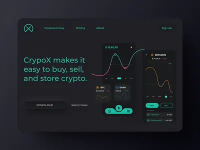 Cryptox | Lading page UIUX adobe xd branding crypto wallet cryptocurrency dailyui dark mode dark theme dark ui dark web fintech landing landing page landing page design landingpage minimal ui ui design uidesign uiux ux