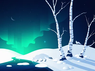 Cold winter adobeillustrator artic auroraaustralis auroraborealis birch cold coldwinter draw fox greenandblue ice illustration landscape shadows snow snowy star weather winter winterlandscape