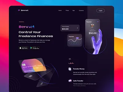 Bennet Landing Page app application bank bank app banking card dark design figma finance fintech freelance freelancer landing minimal payment ui ux web website