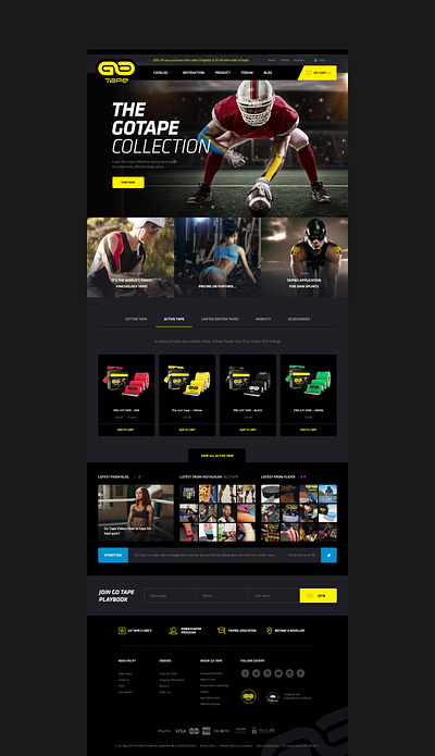 Homepage for Magento GoTape website buy ecommerce elastic finest homepage kinesiology landing page magento 2 minimal muscle responsive shop sports design store tapes ui web webdesign website