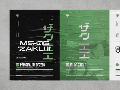 MS-06 Zaku II abstract design geometric grid gundam layout mecha modern poster typography