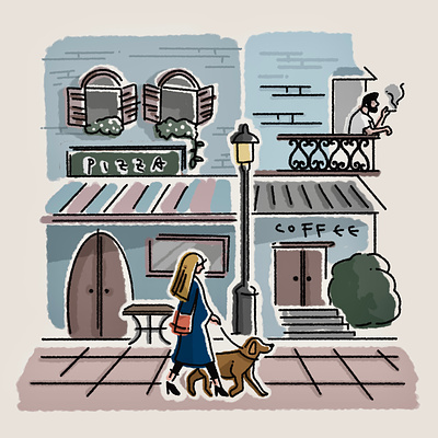 Morning dog walking in a city branding design editorial illustration graphic design illustration photoshop procreate