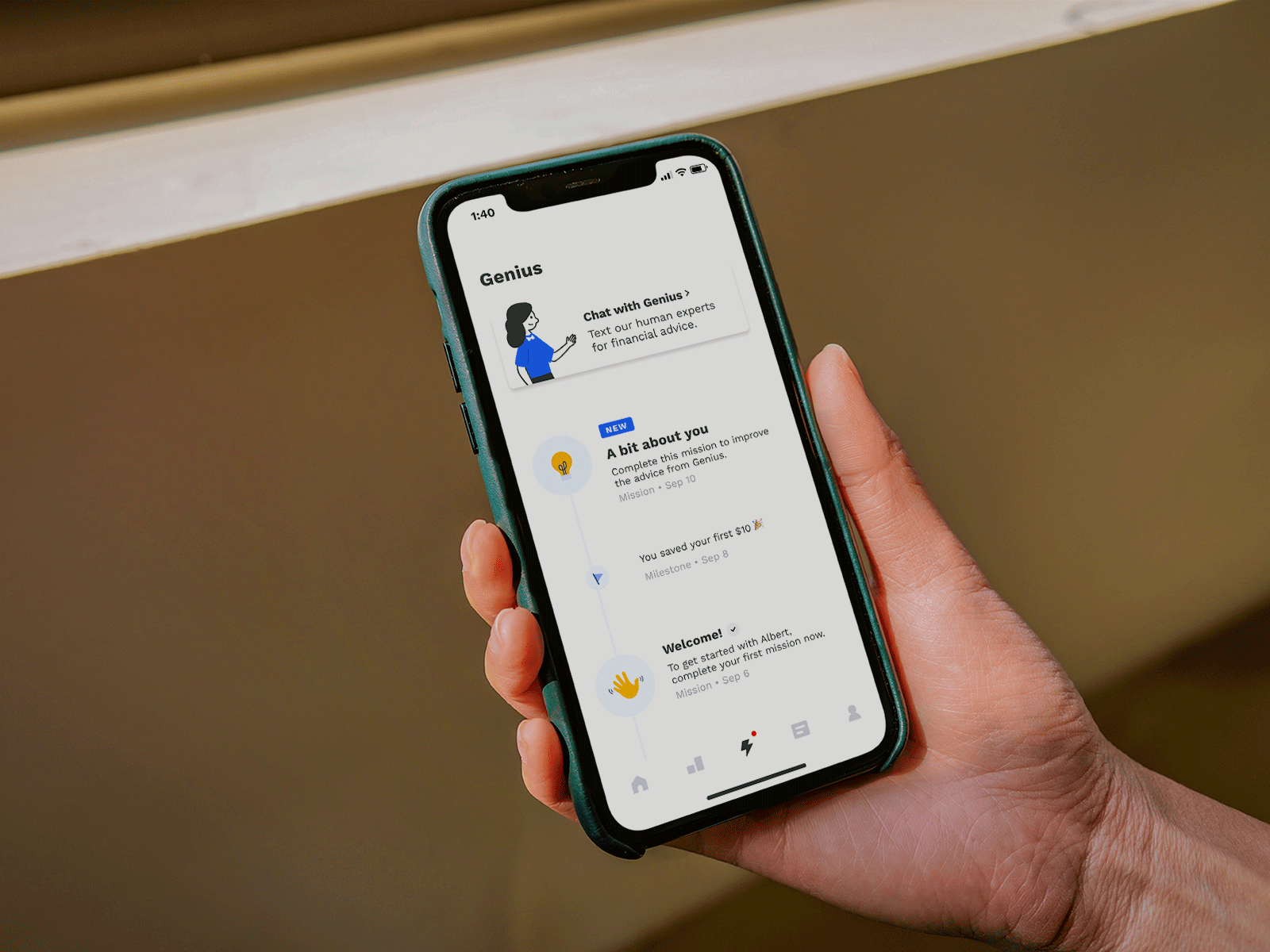 Genius timeline albert app clean finance fintech genius icons milestones minimal missions mobile timeline ui ux