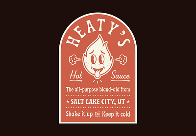 Heaty's Hot Sauce 70s badge cartoon flame freckles hot sauce illustration label mid century packaging personal project script steam tongue typeface vintage