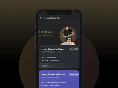 Grooming Selection Screen dark ui mobile salon app ui ui design urban company urbanclap