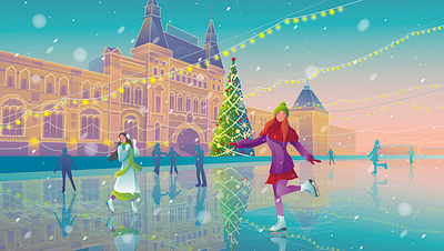 Ice rink decorative illustration design evening holidays ice rink illustration new year new year 2019 the girl vector vector artwork weekends winter winter sports