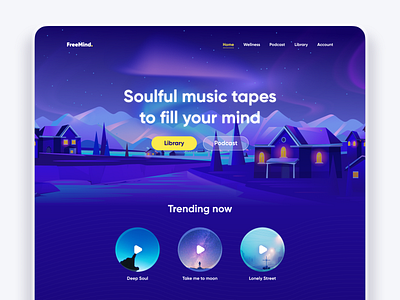 FreeMind- Music Website 2d 3d illustration minimal music music store music streaming music website night night illustration podcast podcasts silent night soulful stream web design webdesign website website concept