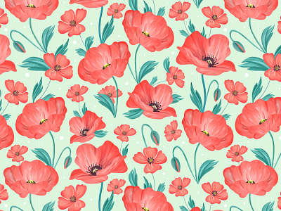 Poppies pattern digital illustration floral art floral pattern flowers illustration pattern pattern design pattern designer procreate springtime surface pattern surface pattern design