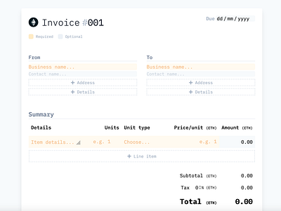Invoice build form crypto form monospace ui