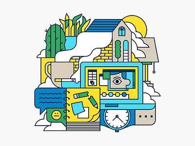 WFH cactus cloud computer home house notes plants time watch wfh