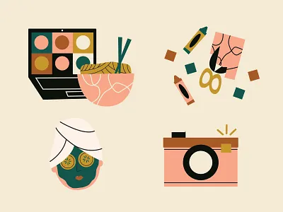 Self care retreat icons camera craft icon icon set icon style illustration noodles zoom