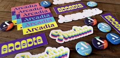 Arcadia Stickers & Buttons arcade arcade game arcadia branding buttons games idaho stickers video games videogames