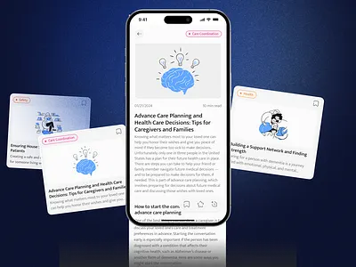Caregiving Blog Cards | Mobile App articledesign blogcards carddesign caregiving contentdiscovery healthcareapp healthtech illustration invoicelayout invoiceprocess
