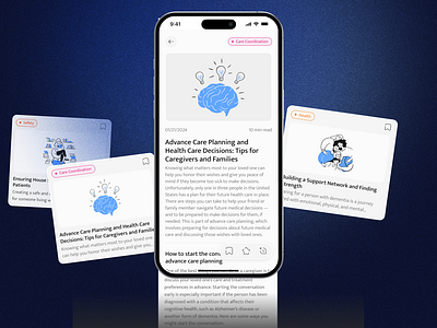 Caregiving Blog Cards | Mobile App articledesign blogcards carddesign caregiving contentdiscovery healthcareapp healthtech illustration invoicelayout invoiceprocess