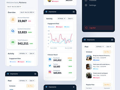 Social Media Mobile | Impressme analytic dashboard funnel graphic impression management minimalist mobile pos post schedule social socialmedia ui kit ui kits