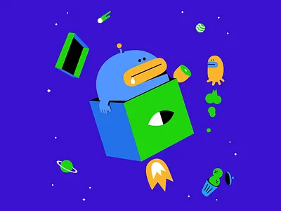 Alien with Box UFO in Space 2d alien character character design drawing flat graphic design illustration space vector